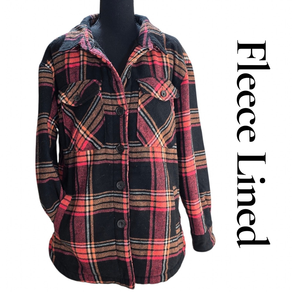 Member's Mark Plaid Shirt Jacket M Red Black Fleece Lined Shacket Wool Blend